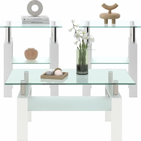 Glass Coffee Table, White Metal Frame Set of 3: Living Room Coffee Table Set With End Tables