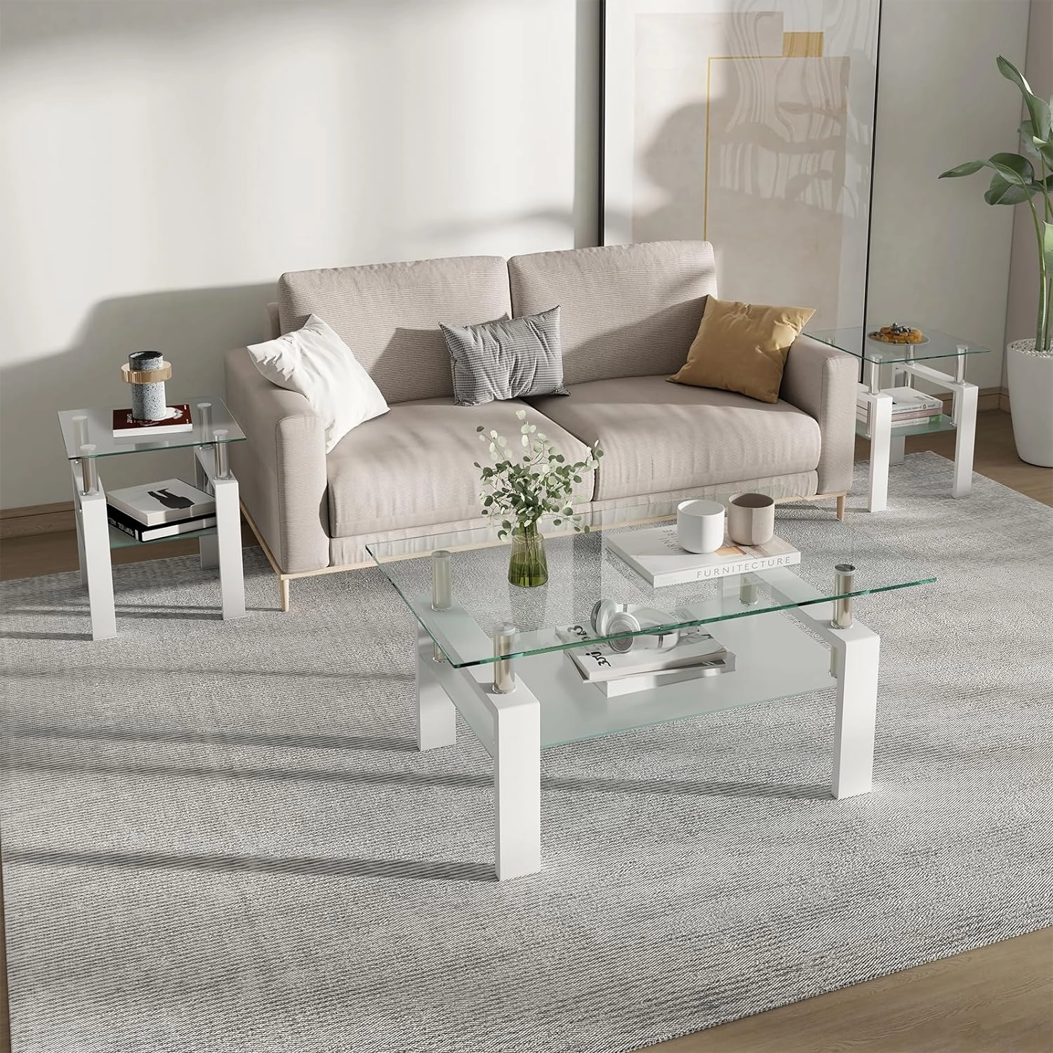 Glass Coffee Table, White Metal Frame Set of 3: Living Room Coffee Table Set With End Tables