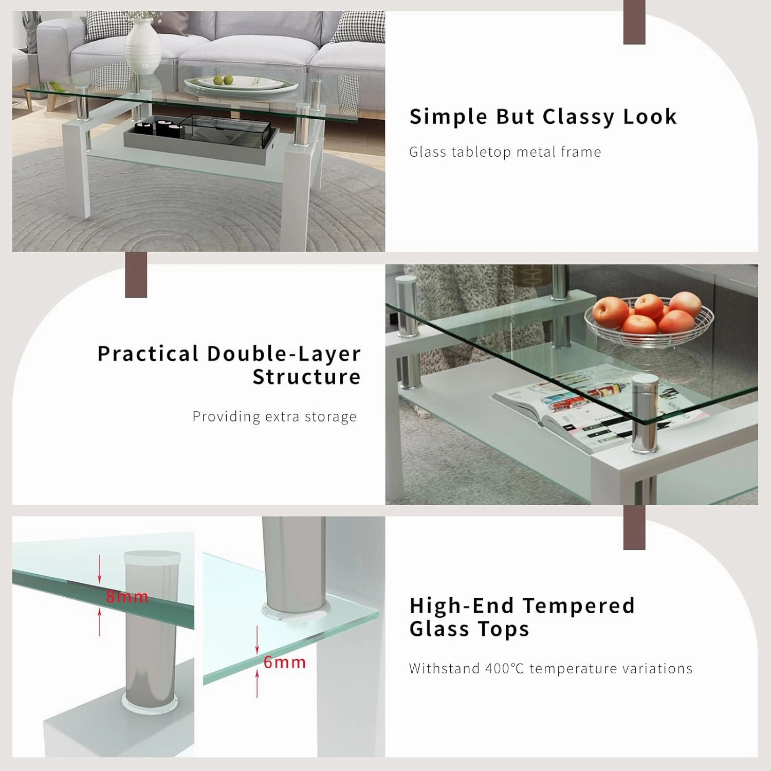 Glass Coffee Table, White Metal Frame Set of 3: Living Room Coffee Table Set With End Tables