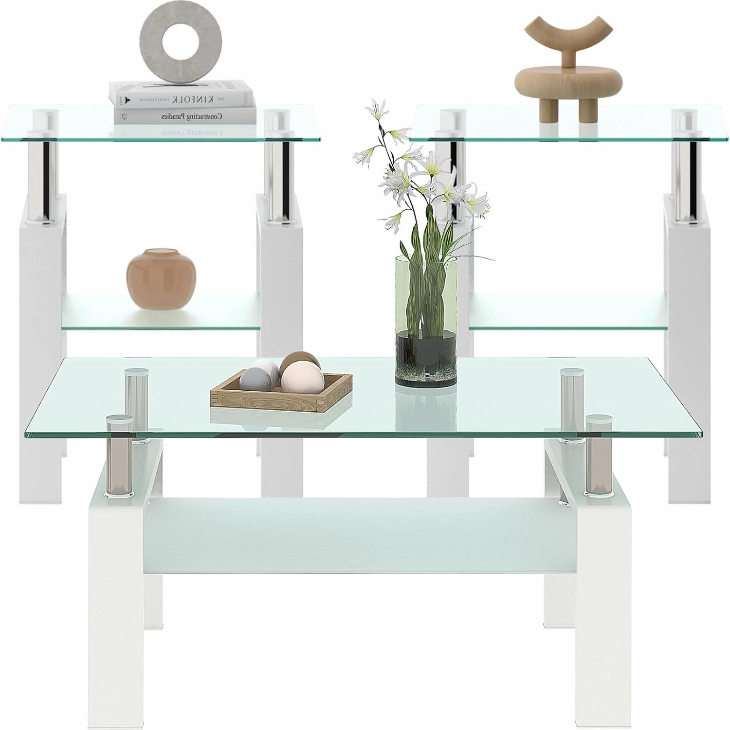 Glass Coffee Table, White Metal Frame Set of 3: Living Room Coffee Table Set With End Tables