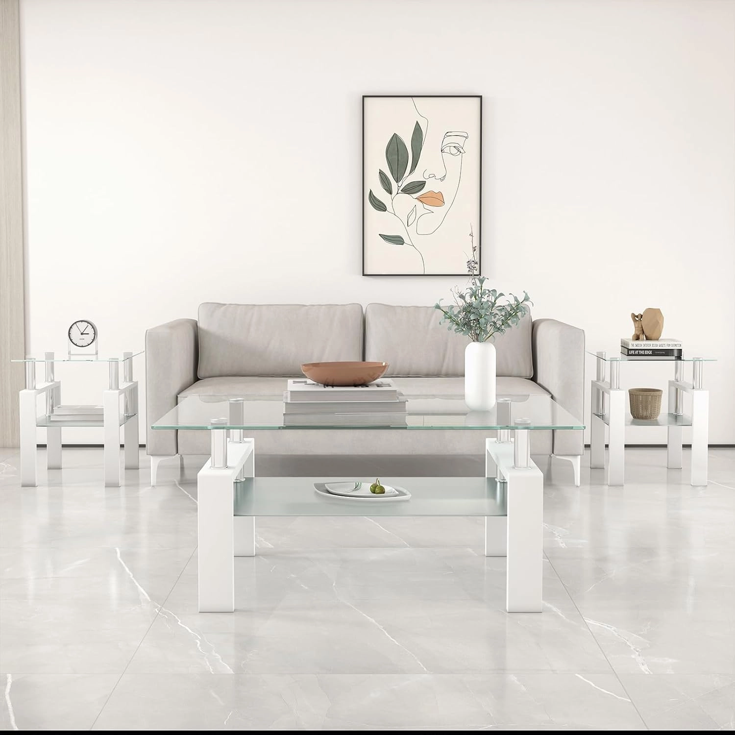 Glass Coffee Table, White Metal Frame Set of 3: Living Room Coffee Table Set With End Tables