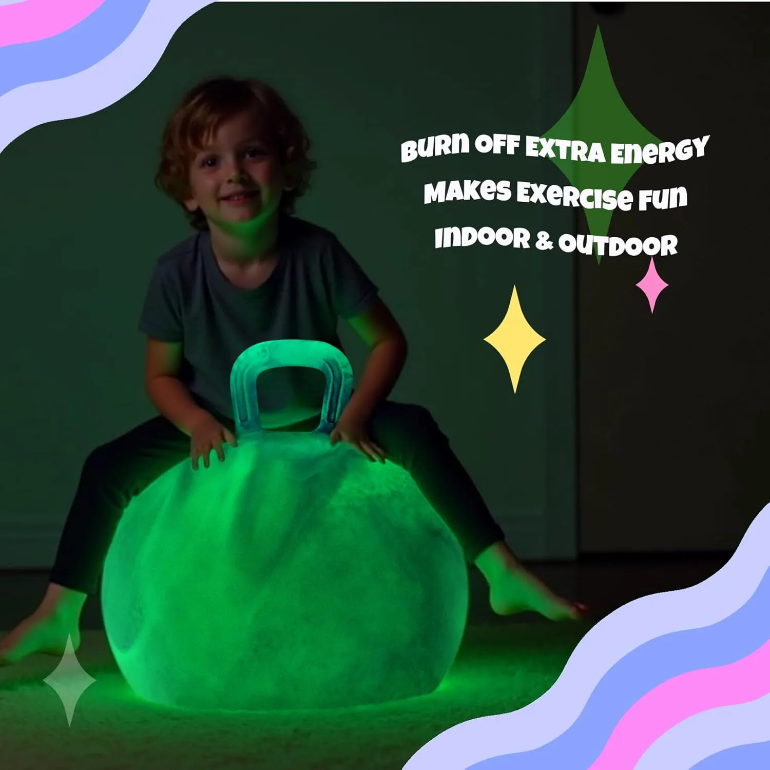 Glow-in-The-Dark Light Up Hopper Ball for Kids, 18 Inch Bouncy Ball with Handle, Inflatable Night Glow Jumping Toy for Boys and Girls Aged 3-8, Indoor & Outdoor Play, Includes Pump