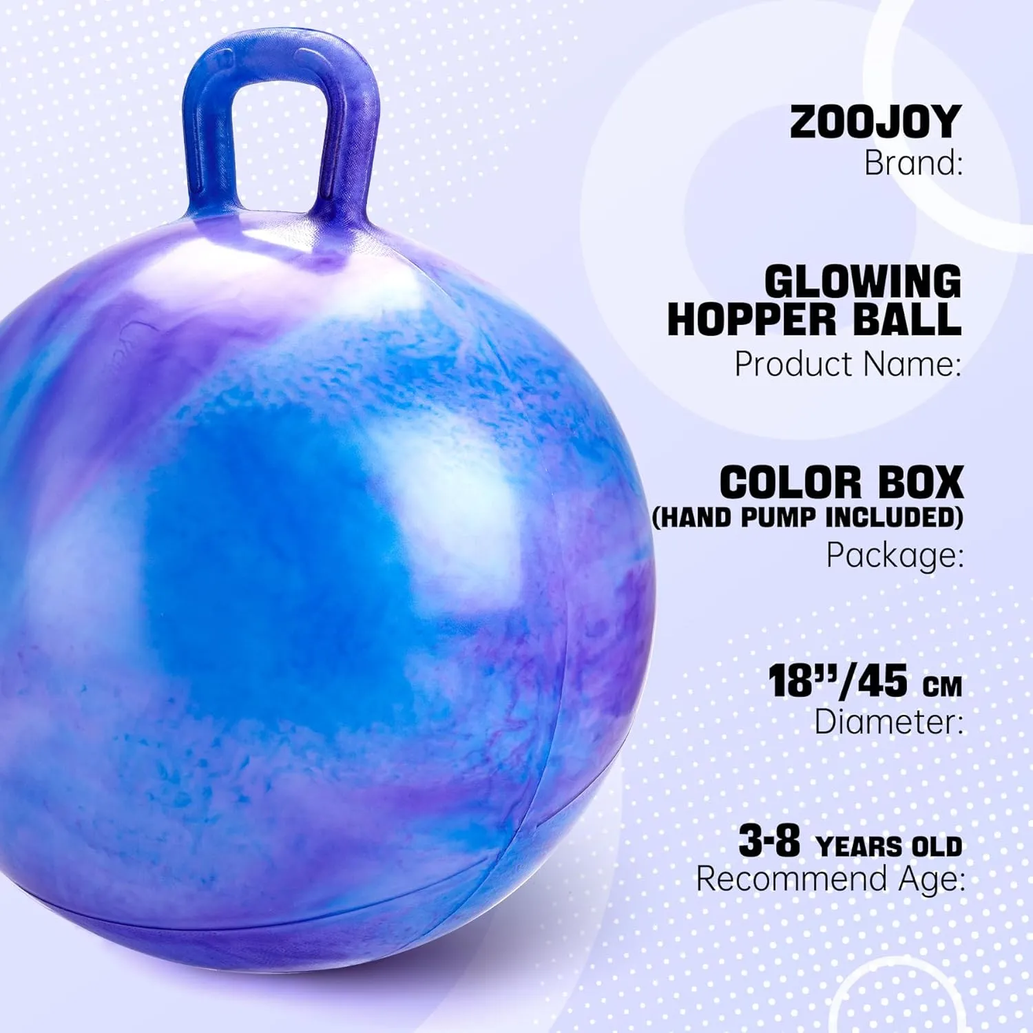 Glow-in-The-Dark Light Up Hopper Ball for Kids, 18 Inch Bouncy Ball with Handle, Inflatable Night Glow Jumping Toy for Boys and Girls Aged 3-8, Indoor & Outdoor Play, Includes Pump