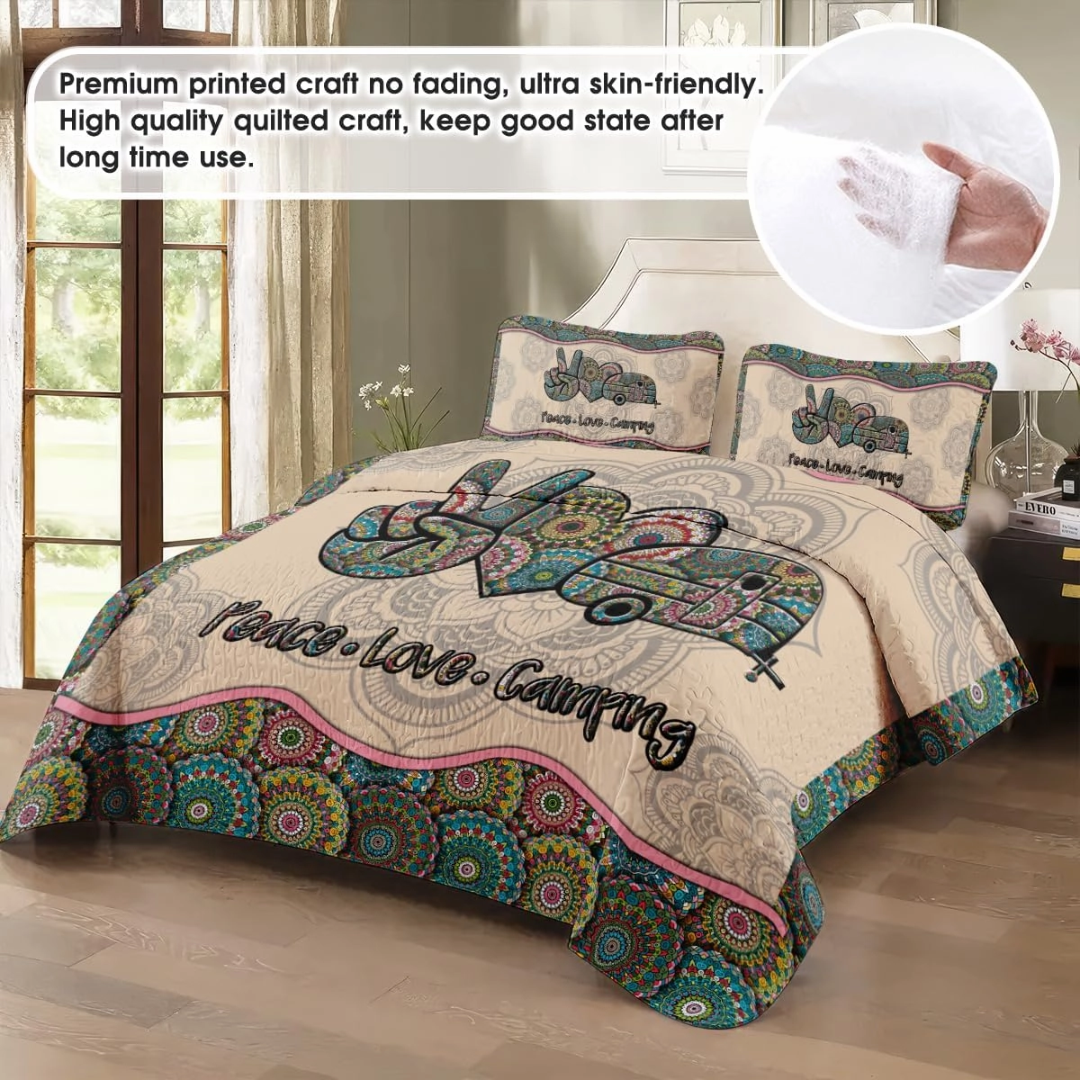 Go Camping Quilt Bed Set Custom Quilt, Bedding Sets and Collections, Queen Bed Set, King Bed Set,Comes with Pillow Cases for Girl Women Camping Lovers (Camping D03)