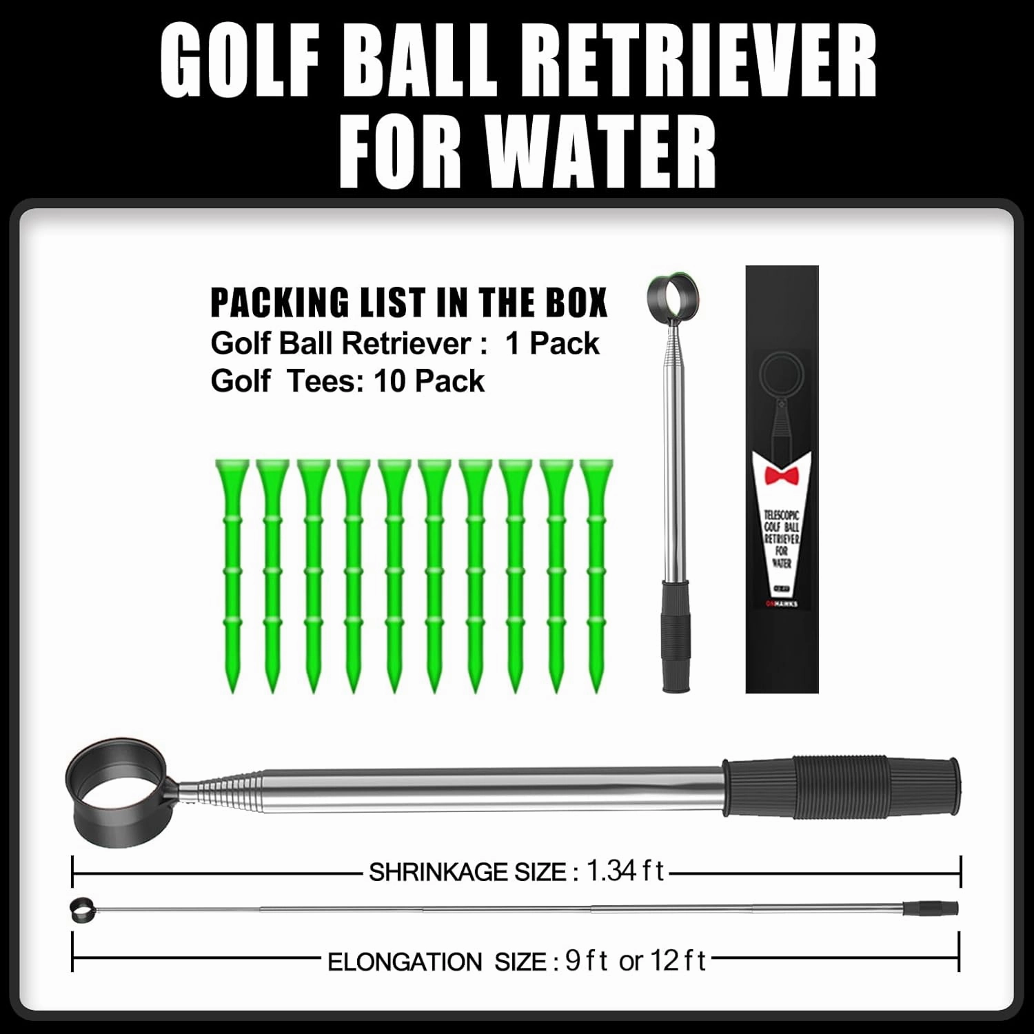 Golf Ball Retriever for Water,Telescopic 12Ft/9Ft Stainless Steel Shaft Two-Sided Easy Pick Up Balls,Unbreakable Head Retriever Tool Golf Accessories Golf Gift for Men
