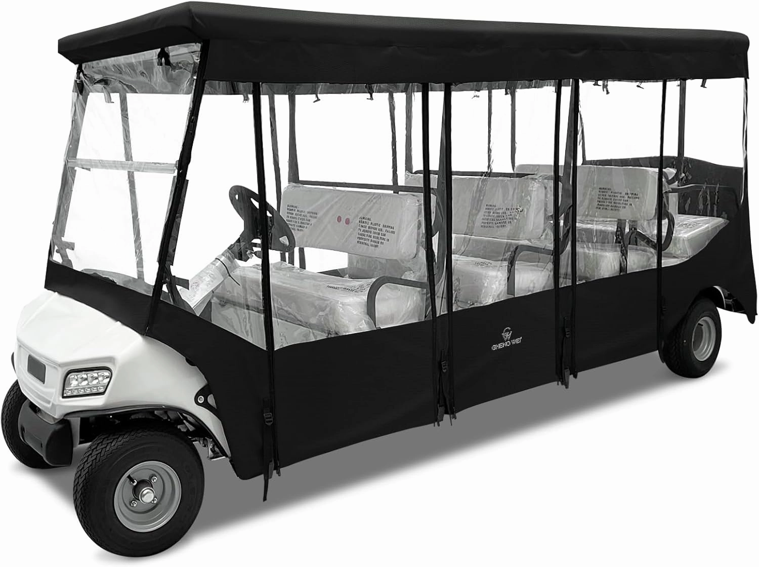 Golf Cart Enclosures 8 Passenger for Club Car Villager 8 Seater,4 Side Roll up Clear Window Zipper Door Extended Roof Golf Cart Driving Rain Cover with Side Mirror Opening Windproof Waterproof(Black)