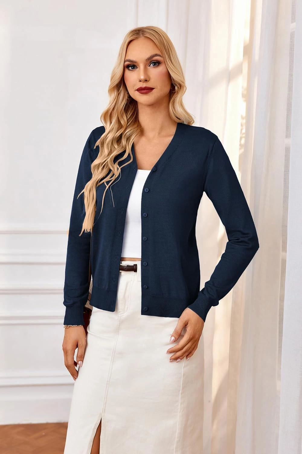 GRACE KARIN Women's Long Sleeve Button Down Vee Neck Classic Sweater Knit Cardigan