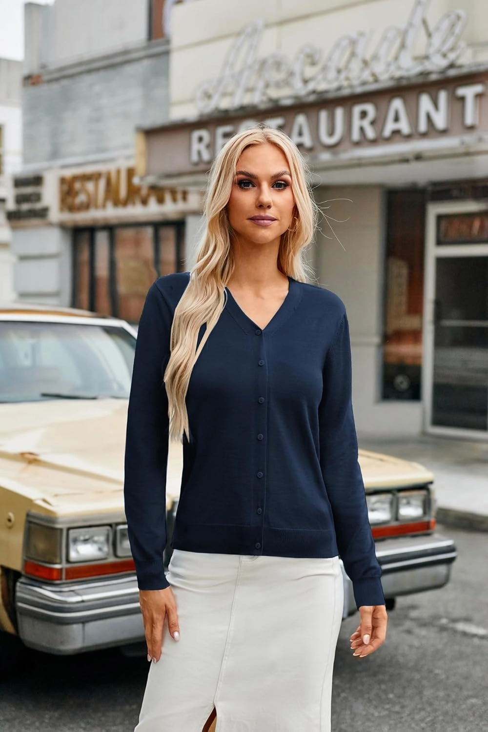 GRACE KARIN Women's Long Sleeve Button Down Vee Neck Classic Sweater Knit Cardigan