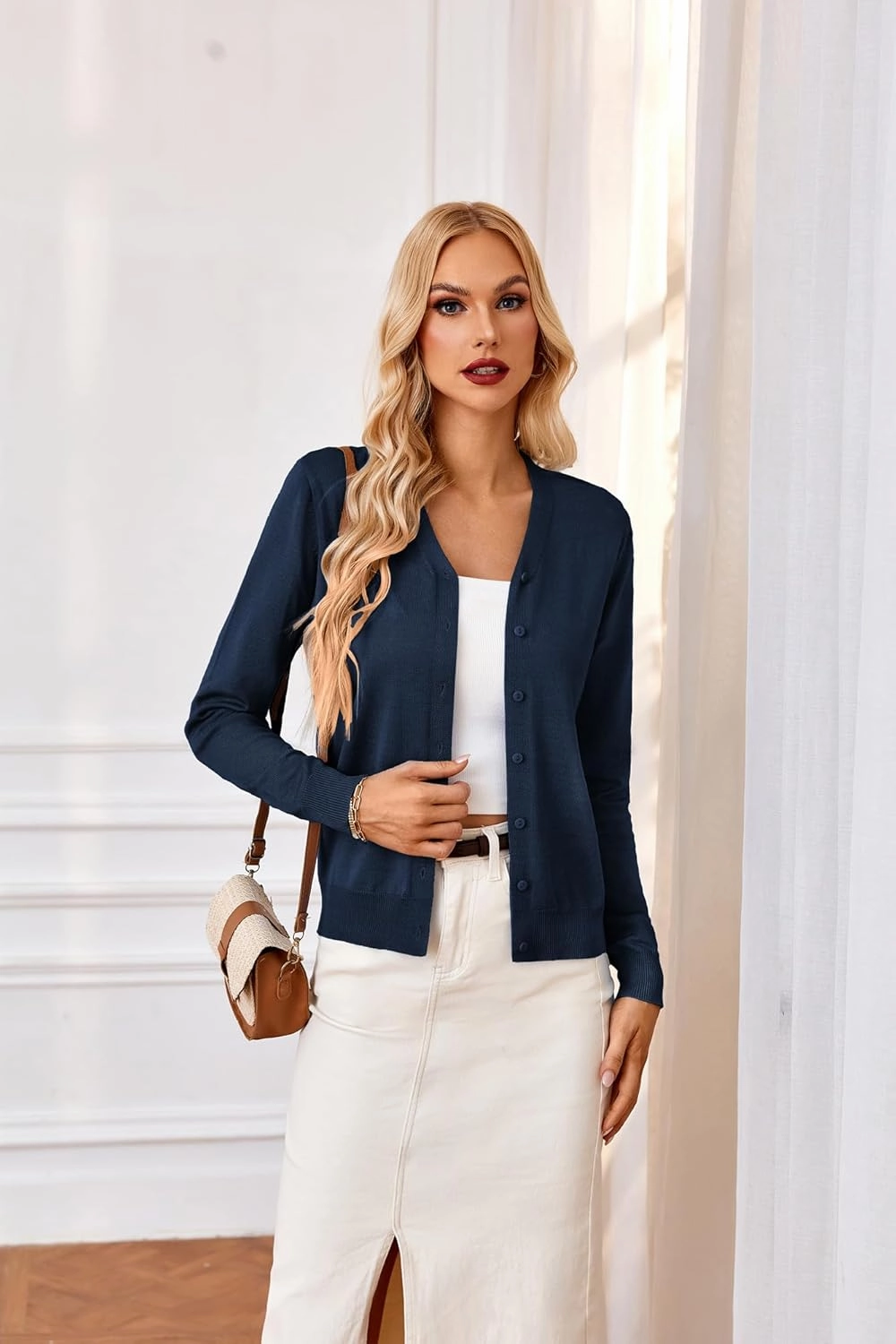 GRACE KARIN Women's Long Sleeve Button Down Vee Neck Classic Sweater Knit Cardigan