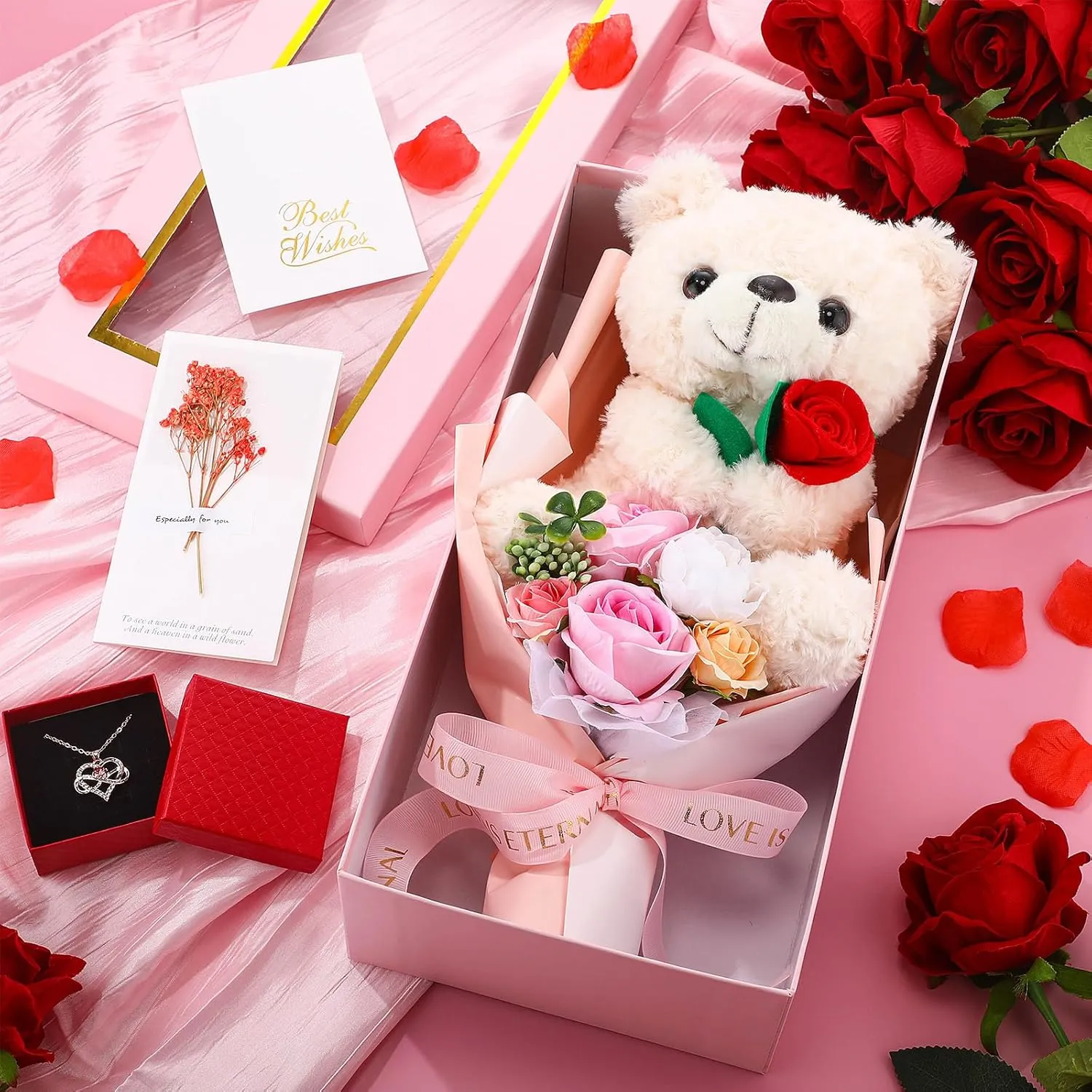 Graduation Bear Bouquet for Women 14in Box with Rose Plush Flower Bouquet Bear Artificial Flower Necklace Greeting Card for Graduate Anniversary Mom Girlfriend(Pink,Rose)