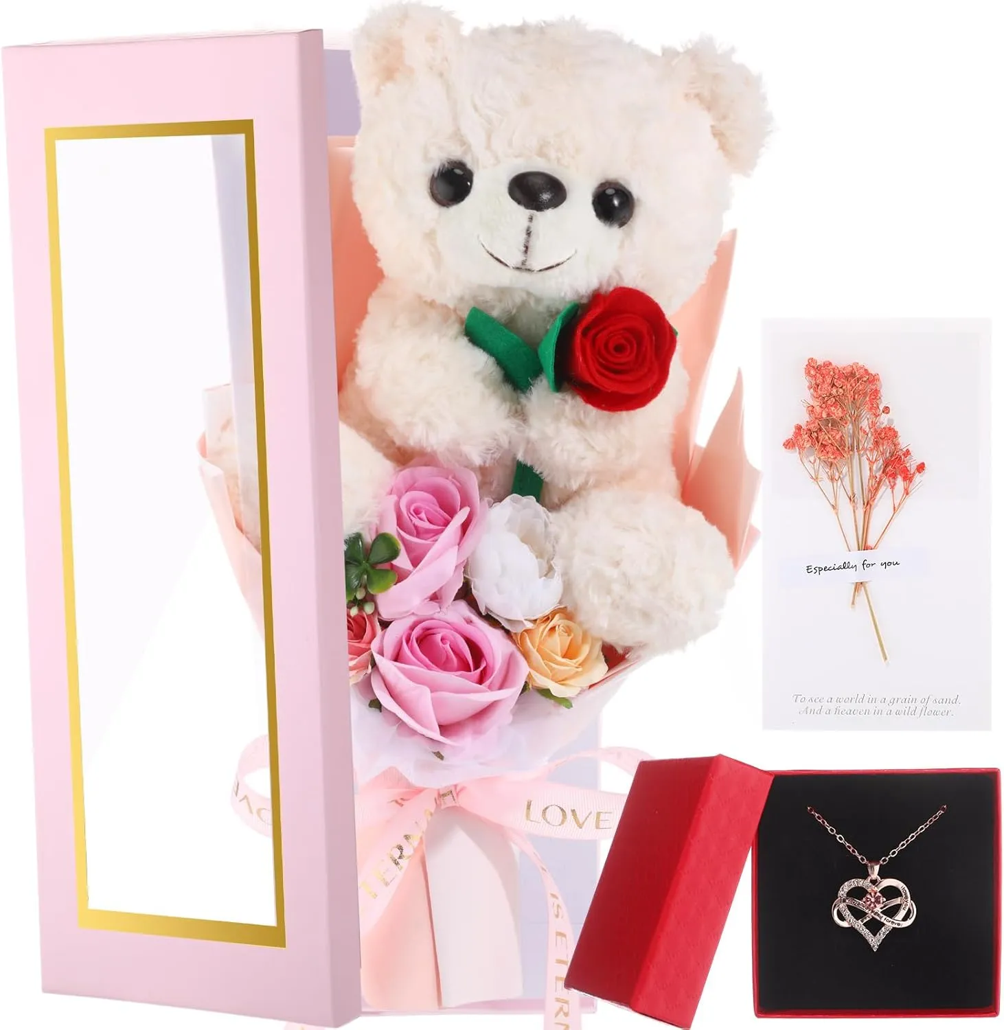Graduation Bear Bouquet for Women 14in Box with Rose Plush Flower Bouquet Bear Artificial Flower Necklace Greeting Card for Graduate Anniversary Mom Girlfriend(Pink,Rose)