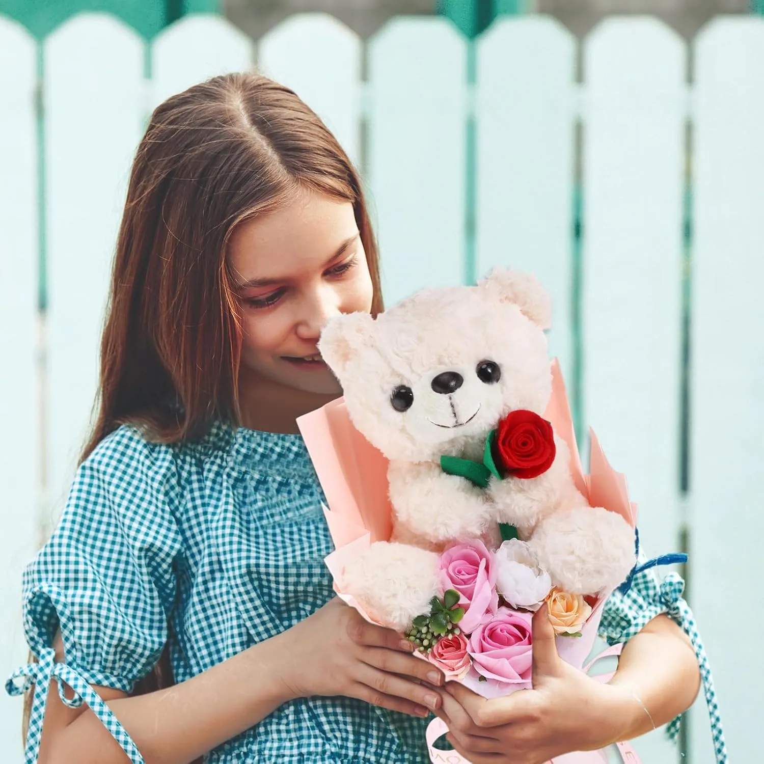 Graduation Bear Bouquet for Women 14in Box with Rose Plush Flower Bouquet Bear Artificial Flower Necklace Greeting Card for Graduate Anniversary Mom Girlfriend(Pink,Rose)