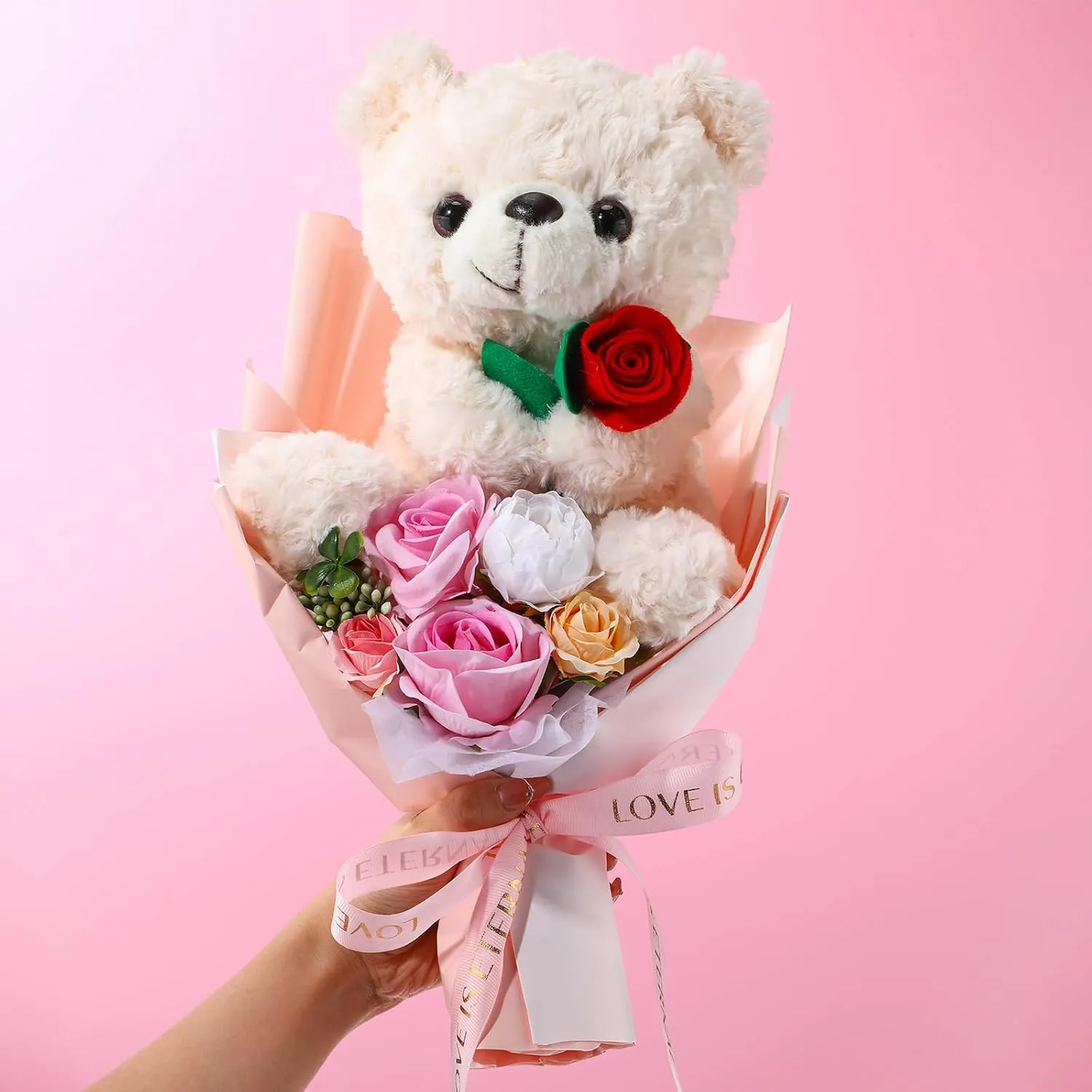 Graduation Bear Bouquet for Women 14in Box with Rose Plush Flower Bouquet Bear Artificial Flower Necklace Greeting Card for Graduate Anniversary Mom Girlfriend(Pink,Rose)