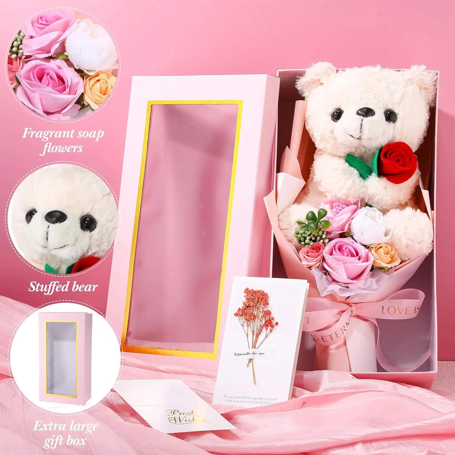 Graduation Bear Bouquet for Women 14in Box with Rose Plush Flower Bouquet Bear Artificial Flower Necklace Greeting Card for Graduate Anniversary Mom Girlfriend(Pink,Rose)