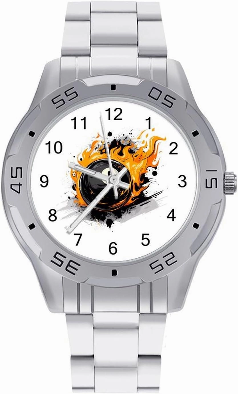 Graffiti 8 Ball Billiards with Flames Simple Stainless Steel Band Business Watch Dress Wrist Unique Luxury Work Casual Waterproof Watches