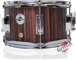 GRIFFIN Firecracker Snare Drum | Acoustic Popcorn 10" x 6" Poplar Mini Wood Shell & Black Hickory PVC | Concert Marching Percussion Musical Instrument with Deluxe Snare Throw Off, Drummers Key & Head