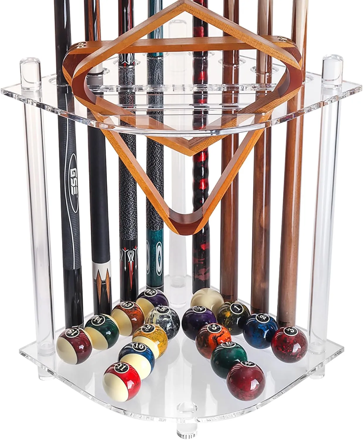 GSE Games & Sports Expert Corner-Style Floor Stand Billiard Pool Cue Racks with Score Counters, Holds Pool Cue Sticks, Balls Set, Ball Racks