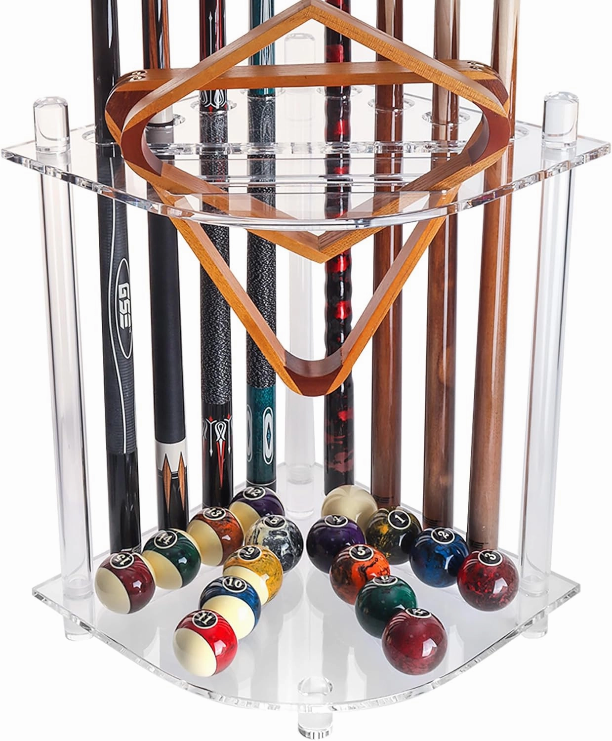 GSE Games & Sports Expert Corner-Style Floor Stand Billiard Pool Cue Racks with Score Counters, Holds Pool Cue Sticks, Balls Set, Ball Racks