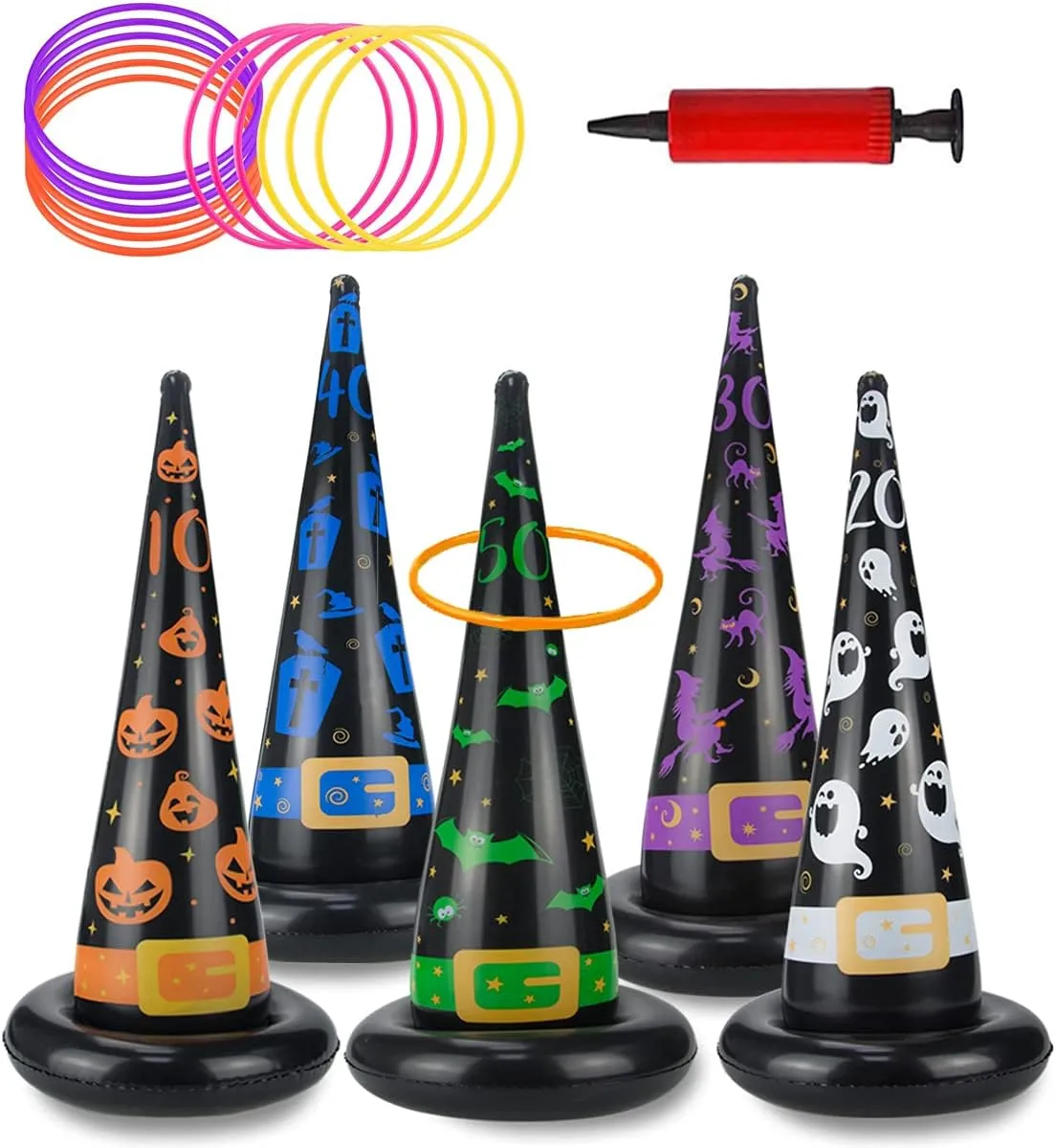Halloween Party Toys Games, Inflatable Witch Hat Ring Toss Game with Points, Plastic Ring Toss, Air Pump Halloween Carnival Indoor Outdoor Game Garden Toys for Kids Adults Family Games Supplies