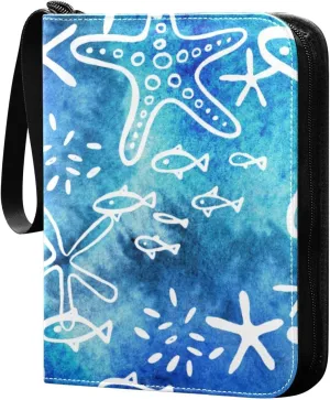 Hand-painted Starfish Card Binder 4-Pocket, 400 Pockets Trading Cards Holder Games Card Albums Storage Organizer Case for Football, Baseball Cards
