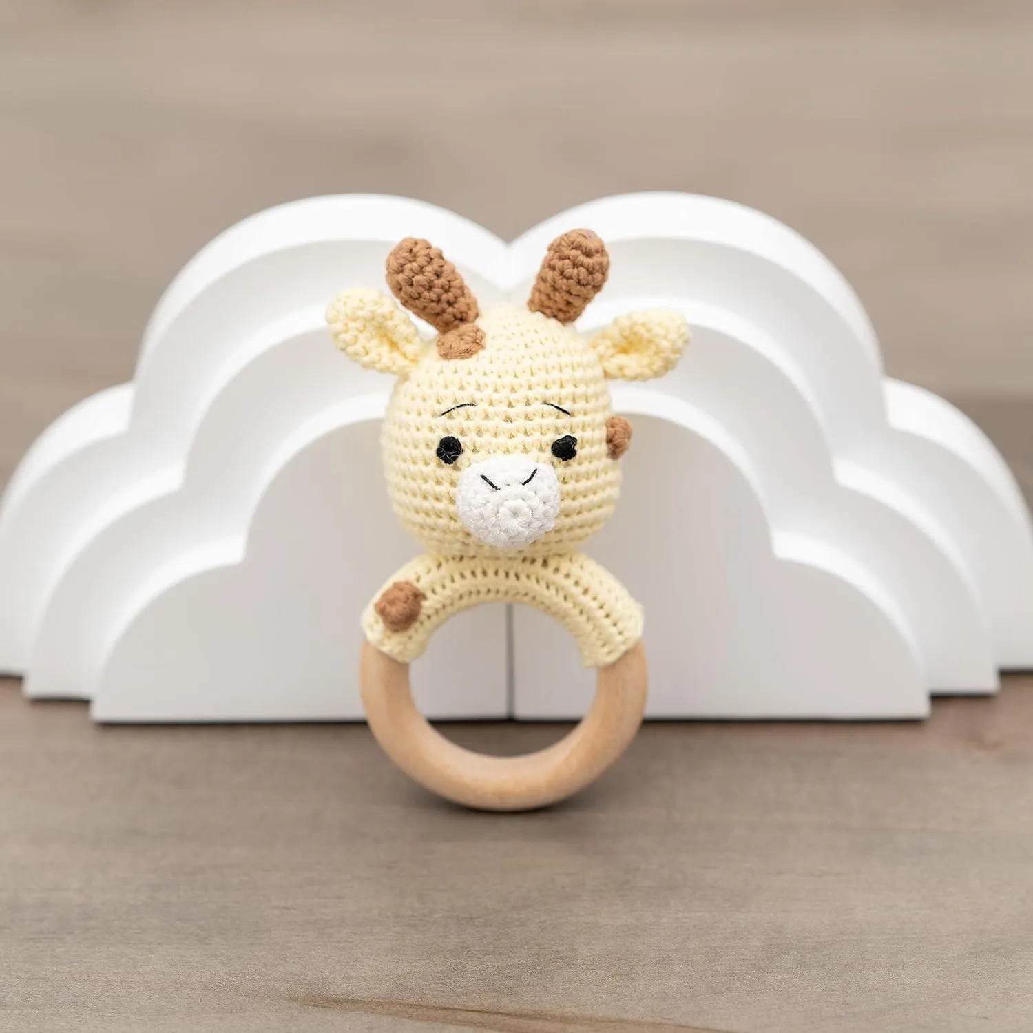 Handmade Cotton Crochet Amigurumi Giraffe Rattler with Wooden Handle - Perfect Baby Stuff for Learning and Fun, Ideal Stuffed Animals for Infants, Toddlers - Unique Baby Boy Stuff