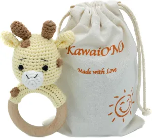 Handmade Cotton Crochet Amigurumi Giraffe Rattler with Wooden Handle - Perfect Baby Stuff for Learning and Fun, Ideal Stuffed Animals for Infants, Toddlers - Unique Baby Boy Stuff