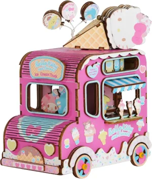 Hands Craft Hello Kitty and Friends 3D Wooden Puzzle | Music Box Ice Cream Truck Model Kit | Charming Decor & Toy for Kids | DIY Craft Set | Creative Play with Real Music Player