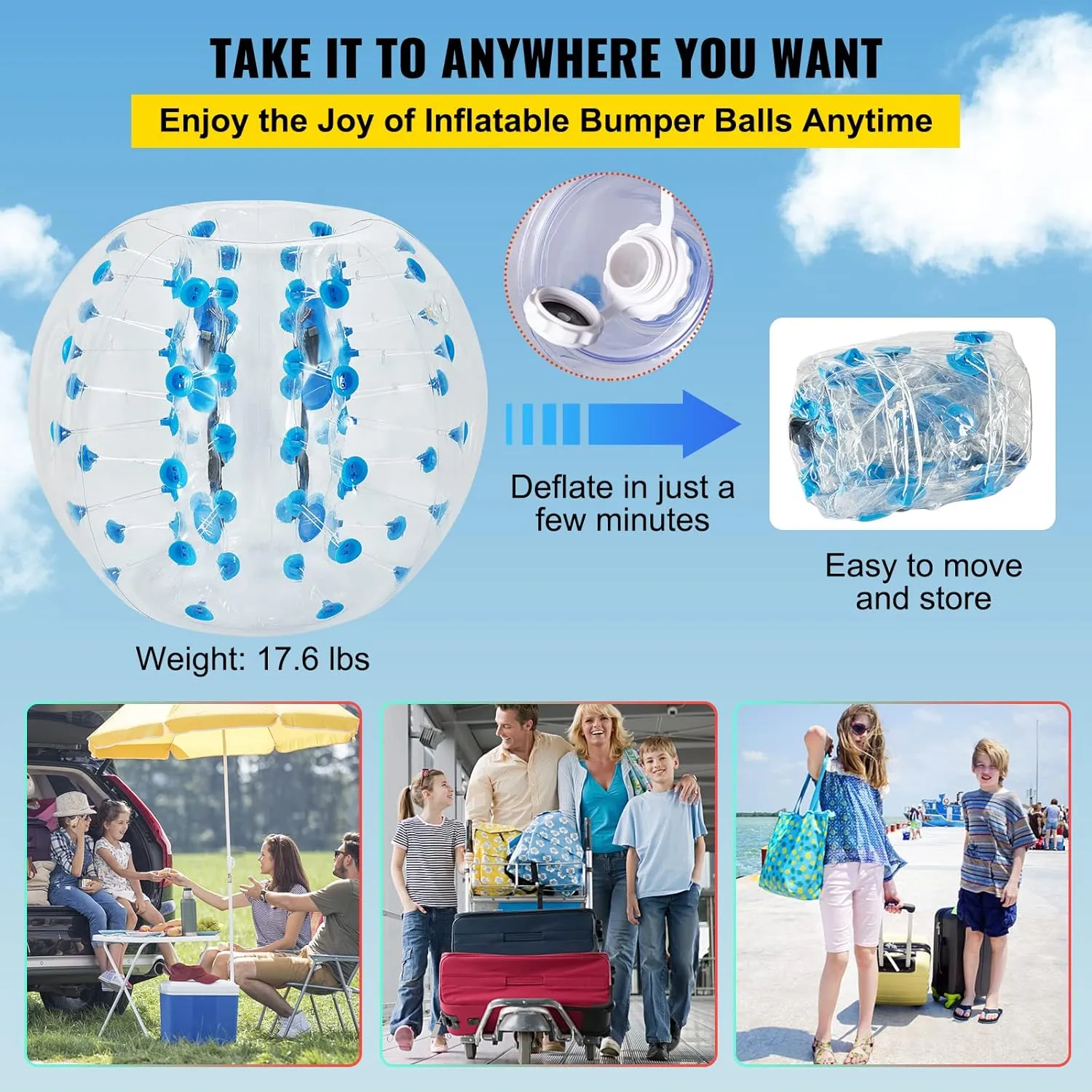 Happybuy Inflatable Bumper Ball 4 FT / 1.2M Diameter, Bubble Soccer, Blow It Up in 5 Min, Inflatable Zorb Ball for Adults or Children