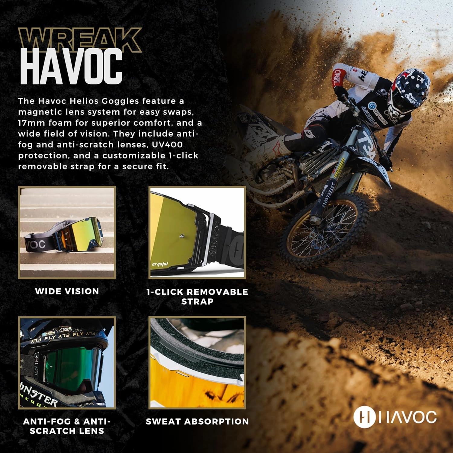 Havoc Racing Helios Goggles - For Motocross, Dirt Biking, ATV, & UTV - UV Blocking Anti-Fog Goggles