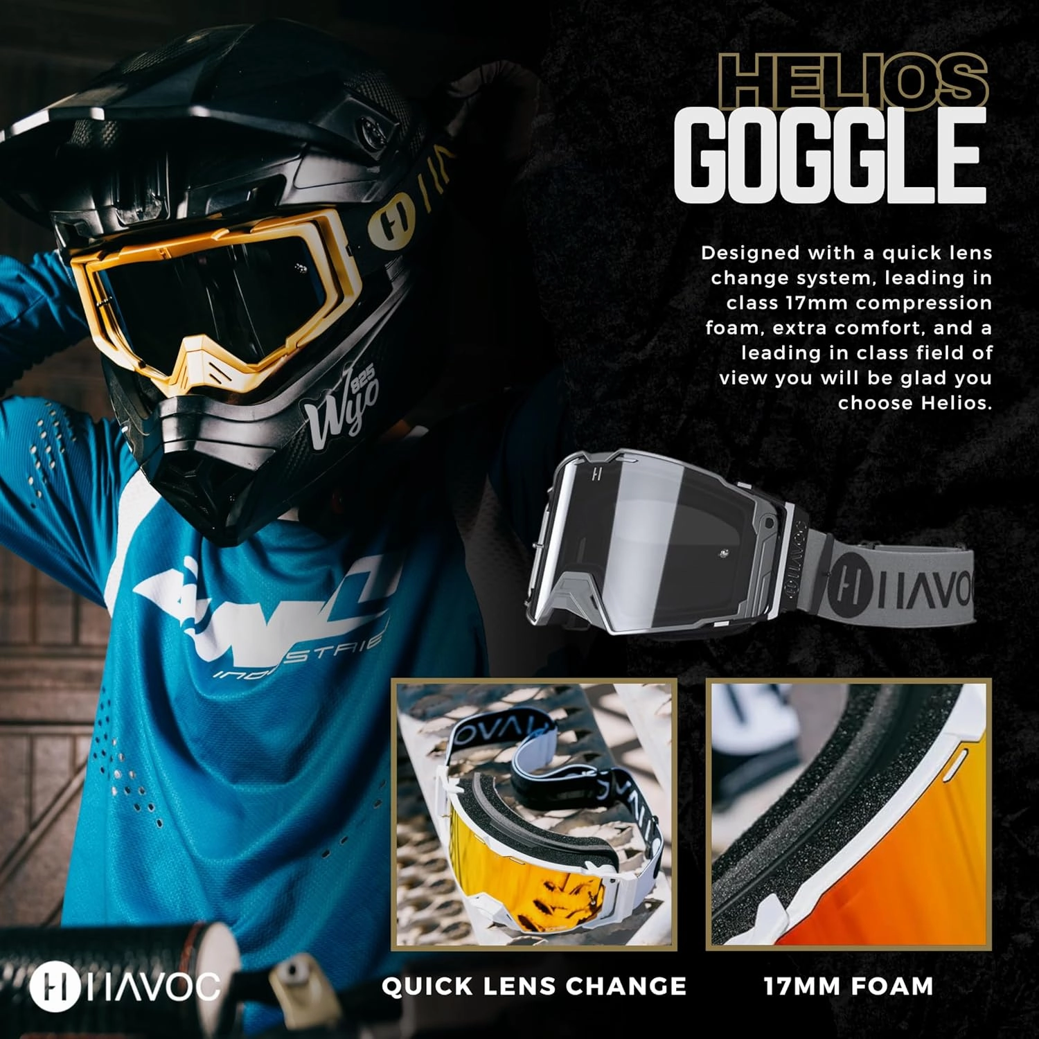 Havoc Racing Helios Goggles - For Motocross, Dirt Biking, ATV, & UTV - UV Blocking Anti-Fog Goggles