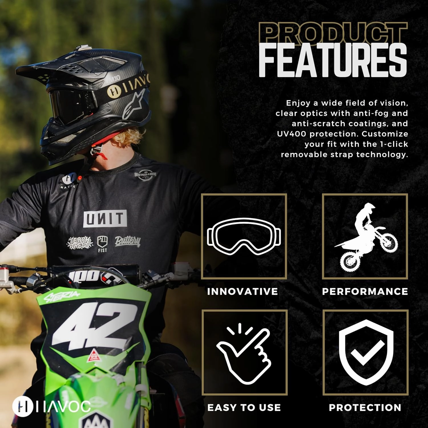 Havoc Racing Helios Goggles - For Motocross, Dirt Biking, ATV, & UTV - UV Blocking Anti-Fog Goggles