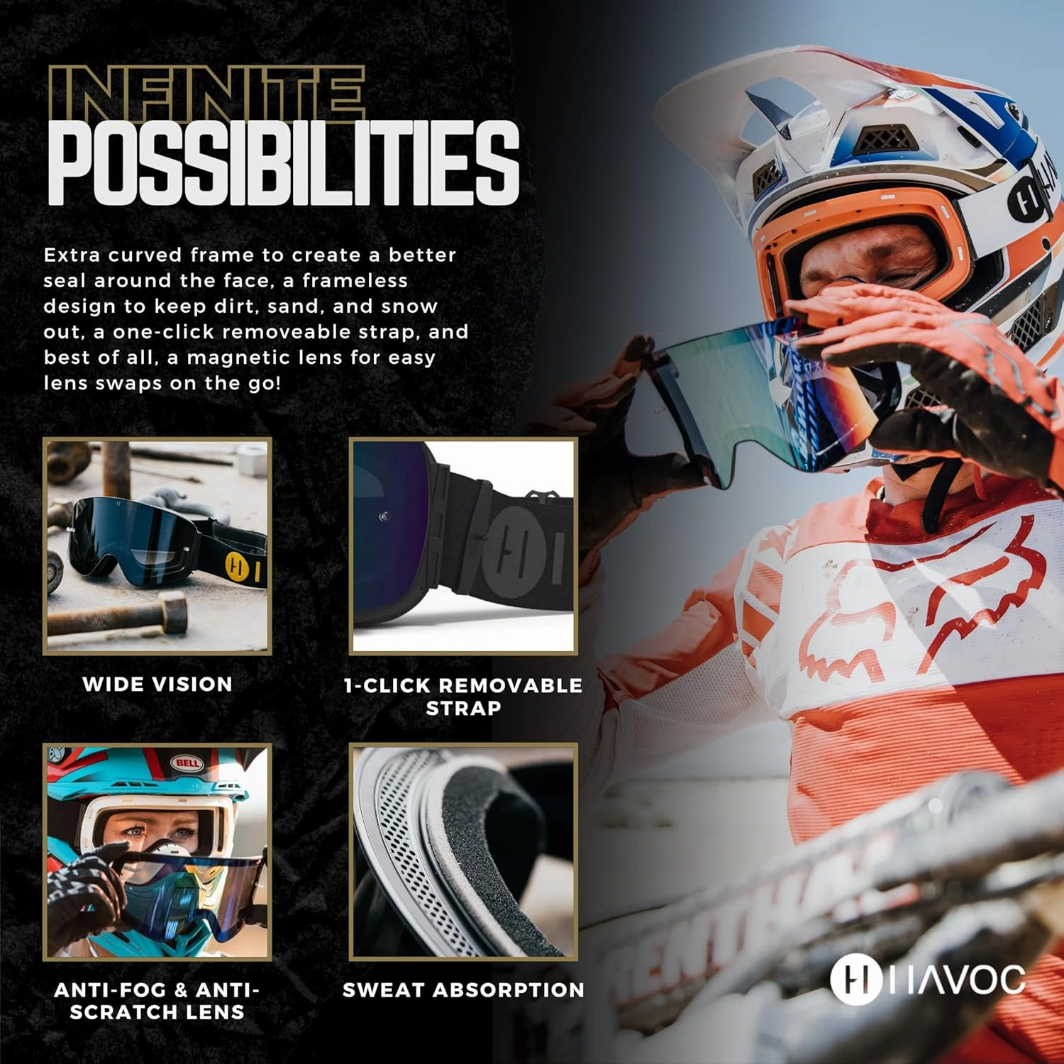Havoc Racing Magnetic Frameless Goggles - For Motocross, Dirt Biking, Snowboarding, ATV, & UTV - UV Blocking Anti-Fog Goggles