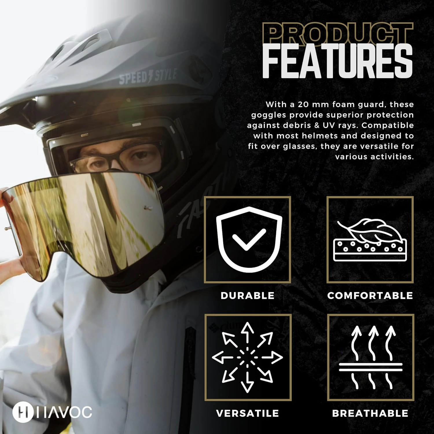 Havoc Racing Magnetic Frameless Goggles - For Motocross, Dirt Biking, Snowboarding, ATV, & UTV - UV Blocking Anti-Fog Goggles