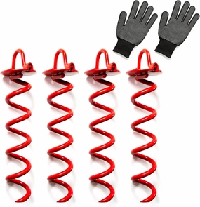 Heavy Duty 10 Inch Spiral Ground Anchors - 4 Pack, Steel Ground Screws with Folding Ring for Tent Stakes, Trampoline, Outdoor Use-Durable Red Metal Spiral Stakes - Includes Installation Gloves