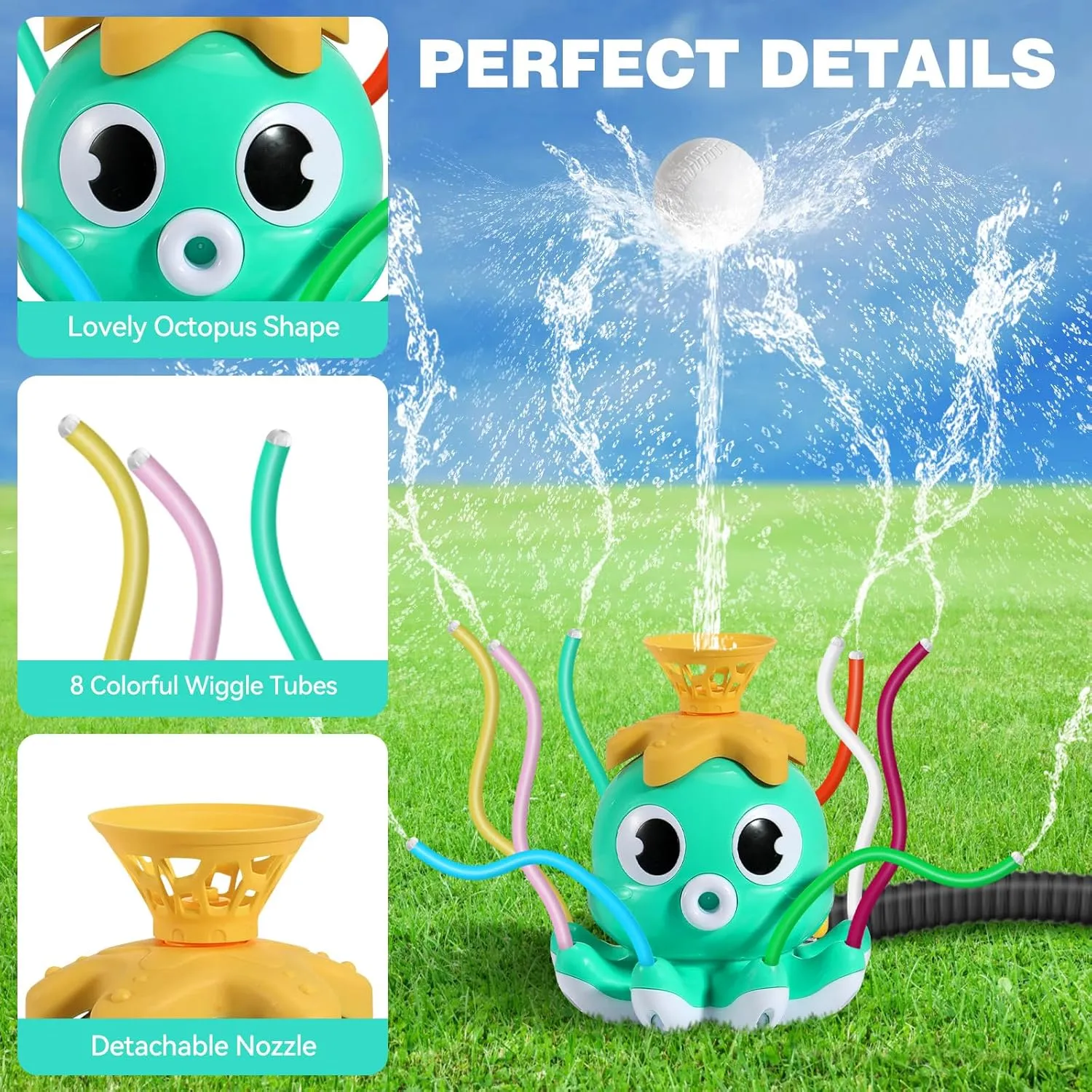 HeySplash Water Sprinkler Baseball Toy, 2 in 1 Water Spray Sprinkler Ball Set with 1 Detachable Sprinkler Head & 8 Wiggle Tubes, Outdoor Summer Toys Outside Toys for Toddlers and Kids, Green Octopus