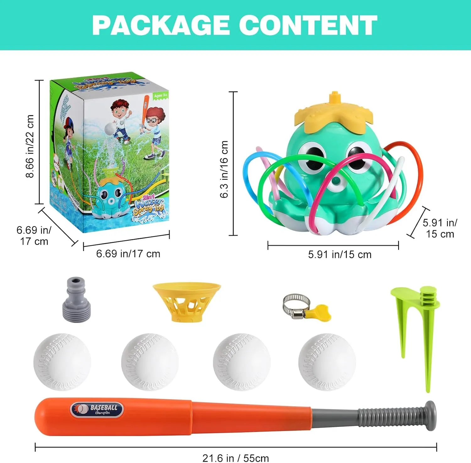 HeySplash Water Sprinkler Baseball Toy, 2 in 1 Water Spray Sprinkler Ball Set with 1 Detachable Sprinkler Head & 8 Wiggle Tubes, Outdoor Summer Toys Outside Toys for Toddlers and Kids, Green Octopus