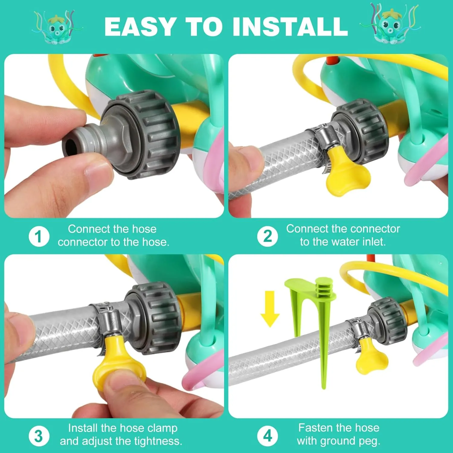 HeySplash Water Sprinkler Baseball Toy, 2 in 1 Water Spray Sprinkler Ball Set with 1 Detachable Sprinkler Head & 8 Wiggle Tubes, Outdoor Summer Toys Outside Toys for Toddlers and Kids, Green Octopus