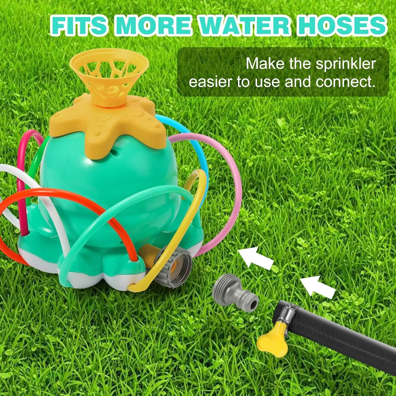 HeySplash Water Sprinkler Baseball Toy, 2 in 1 Water Spray Sprinkler Ball Set with 1 Detachable Sprinkler Head & 8 Wiggle Tubes, Outdoor Summer Toys Outside Toys for Toddlers and Kids, Green Octopus