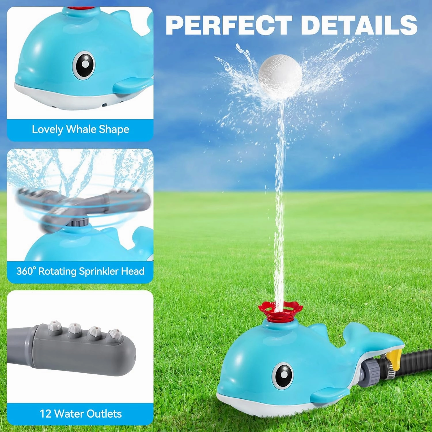 HeySplash Water Sprinkler Baseball Toy, 2 in 1 Water Spray Sprinkler Ball Set with 2 Detachable Sprinkler Heads, Outdoor Summer Toys Outside Toys for Toddlers and Kids, Blue Whale
