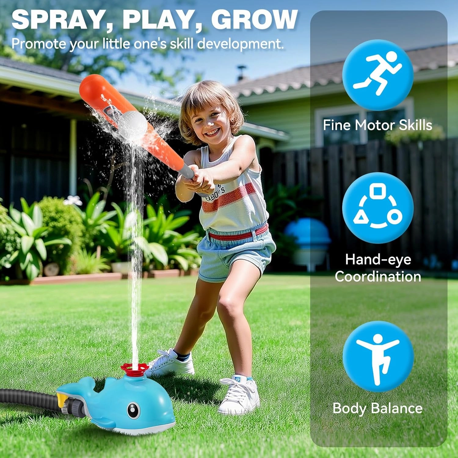 HeySplash Water Sprinkler Baseball Toy, 2 in 1 Water Spray Sprinkler Ball Set with 2 Detachable Sprinkler Heads, Outdoor Summer Toys Outside Toys for Toddlers and Kids, Blue Whale