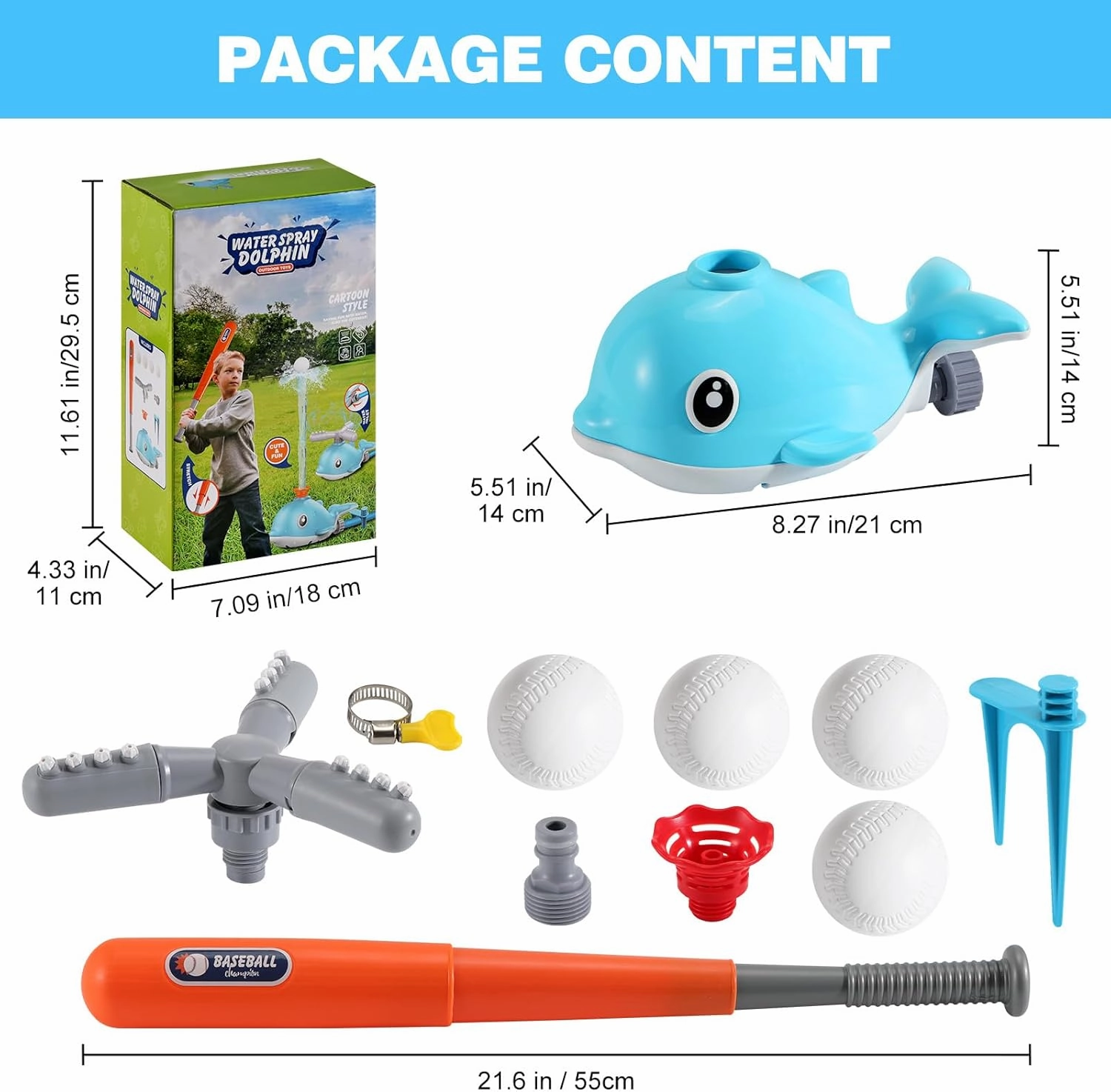 HeySplash Water Sprinkler Baseball Toy, 2 in 1 Water Spray Sprinkler Ball Set with 2 Detachable Sprinkler Heads, Outdoor Summer Toys Outside Toys for Toddlers and Kids, Blue Whale