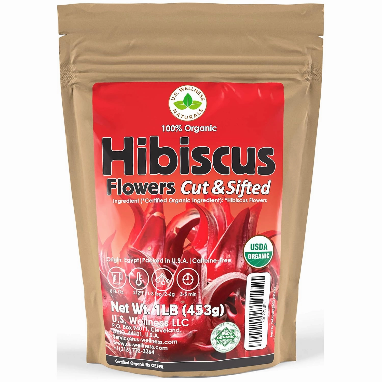 Hibiscus Tea 1LB (16Oz) 100% CERTIFIED Organic Hibiscus Flowers Herbal Tea (CUT&SIFTED), Caffeine Free Tea (200  cups) 1 lb. Bulk Resealable Kraft BPA-Free Bag