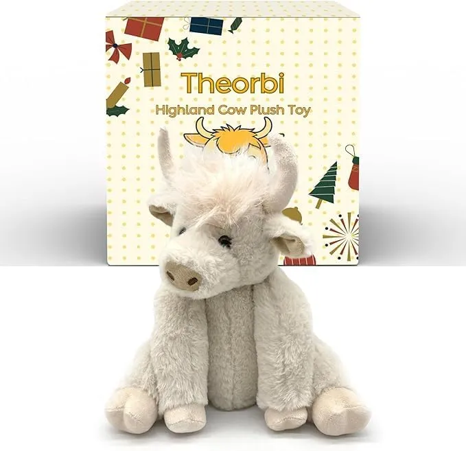 Highland Cow Plush Toy - Cute and Huggable Stuffed Animal with Swinging Joints -10 in Cow Stuffed Animal with Sound Ideal Decor for Farm-Themed Parties and Nursery Rooms (White)