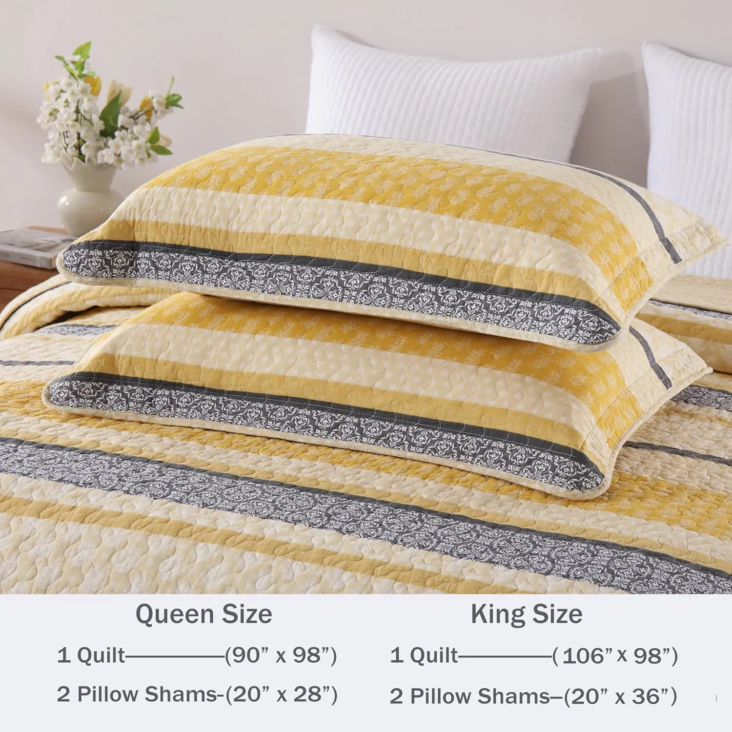Homzard Quilt Cotton Queen Quilt Bedding Set,Yellow Black Grey Queen Size Comforter Set,Striped Bedspread Queen Size, Lightweight Farmhouse Bed Set Cover All Season 3 Pieces