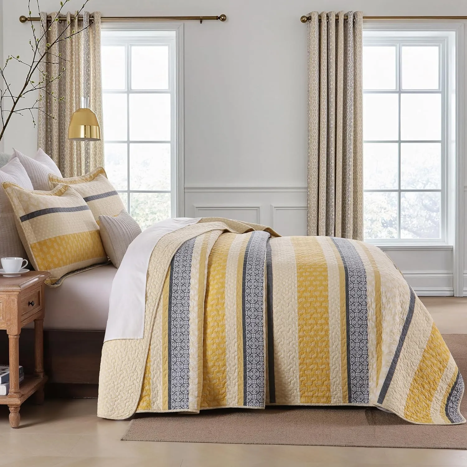 Homzard Quilt Cotton Queen Quilt Bedding Set,Yellow Black Grey Queen Size Comforter Set,Striped Bedspread Queen Size, Lightweight Farmhouse Bed Set Cover All Season 3 Pieces