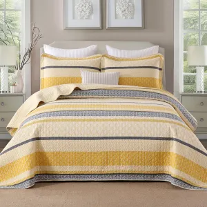 Homzard Quilt Cotton Queen Quilt Bedding Set,Yellow Black Grey Queen Size Comforter Set,Striped Bedspread Queen Size, Lightweight Farmhouse Bed Set Cover All Season 3 Pieces