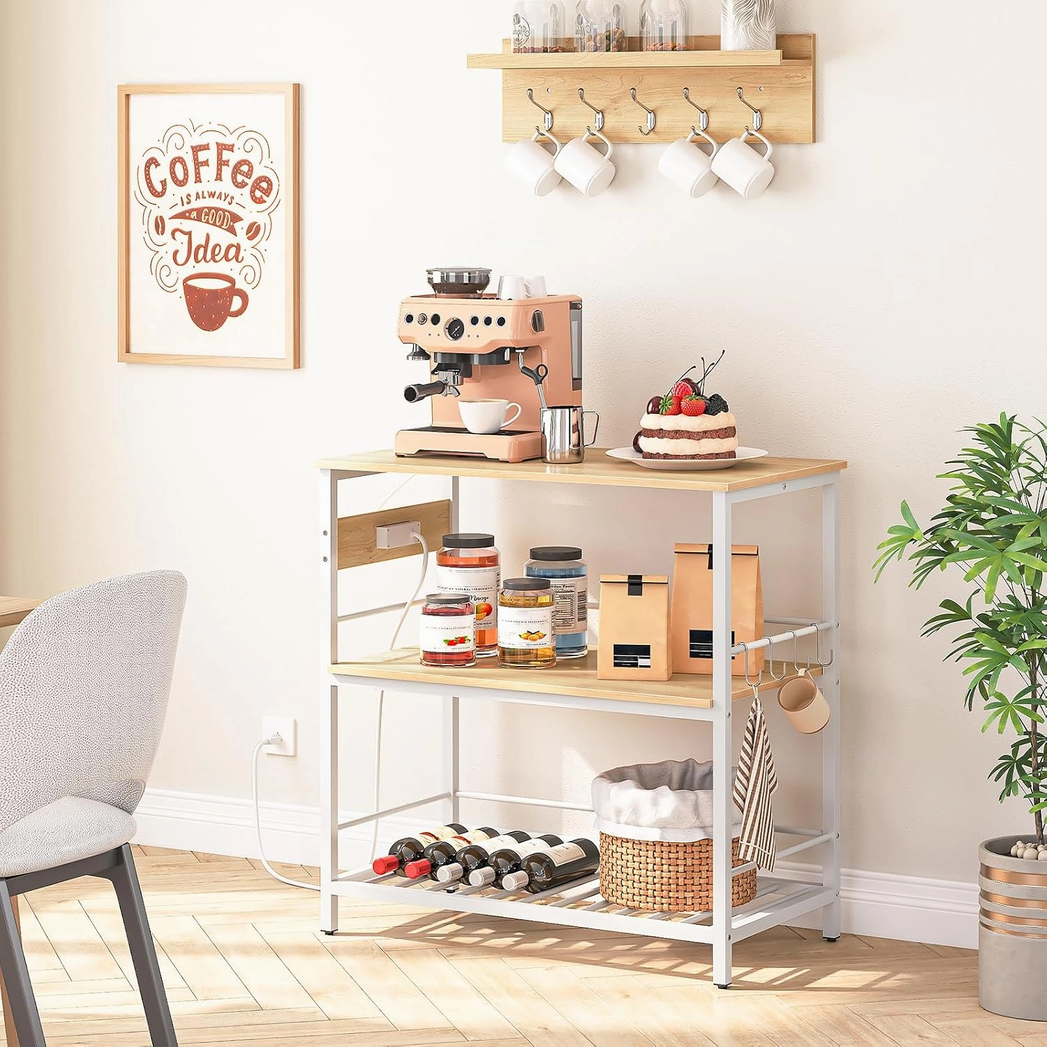 HOOBRO Kitchen Island with Storage, Kitchen Island Table with Power Outlet, 3 Tier Coffee Station and Microwave Stand, for Home, Kitchen and Dining Room, Natural and White WN021ZD01