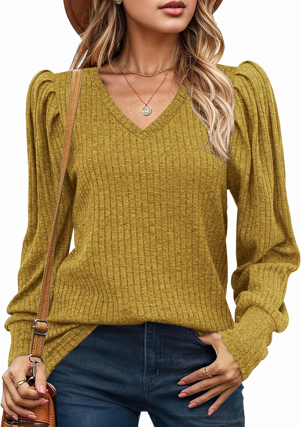 HOTOUCH Women's Knit Shirt Soft Puff Long Sleeve Blouse Tops Lightweight V Neck Tunic XS-XXL
