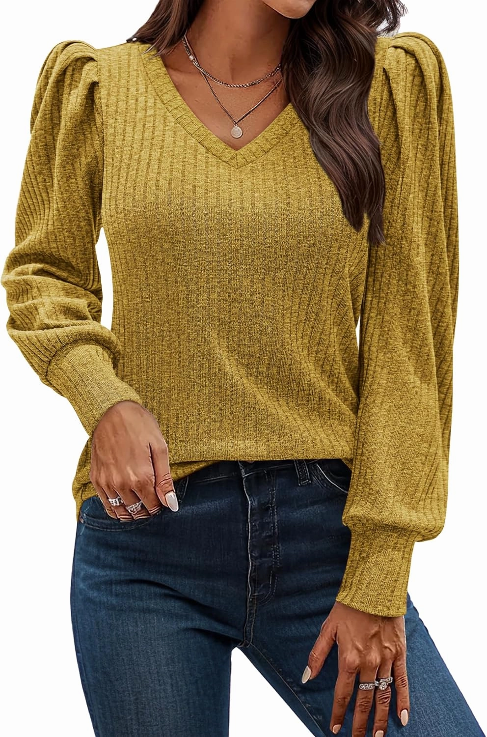HOTOUCH Women's Knit Shirt Soft Puff Long Sleeve Blouse Tops Lightweight V Neck Tunic XS-XXL