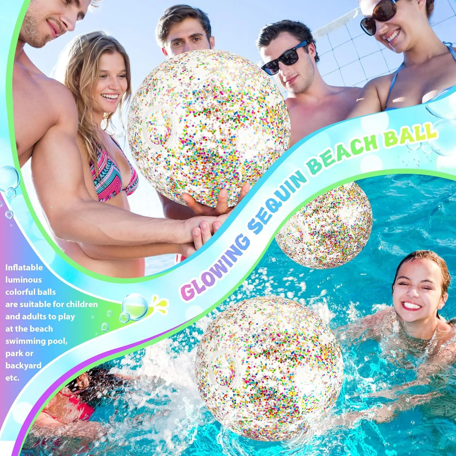 HyDren 4 Pack LED Light up Beach Ball 12 Inches Glow in The Dark Pool Balls Confetti Glitters Inflatable Light up Beach Ball Pool Toys for Teens Adults Summer Disco Party Favors(Blue, Red)